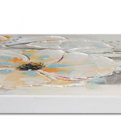 Detailansicht des handgemalten floralen Kunstwerks von Paolo Rossini, das feine Pinselstriche und lebendige Farben der Blumen zeigt, Größe 50 x 150 cm.