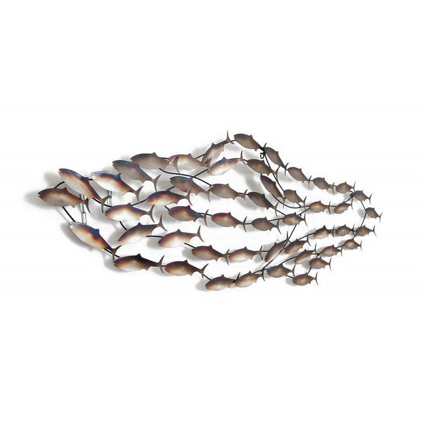 Fischschwarm. 44 x 144 cm. Gemälde aus Metall, Wandskulptur, komplett mit Handwerkstechniken von Hand hergestellt. - Designerobjekte.com