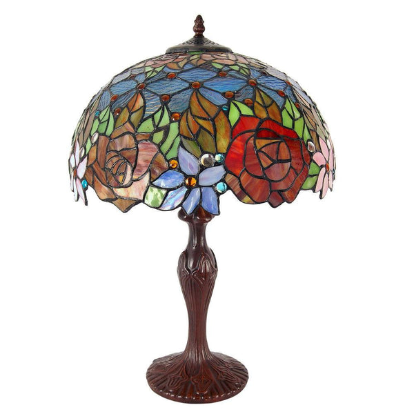 Florale Tischlampe. Tischlampe mit geschweißtem Glasschirm, Tiffany-Verarbeitung und Stütze aus bronziertem Metall - Designerobjekte.com