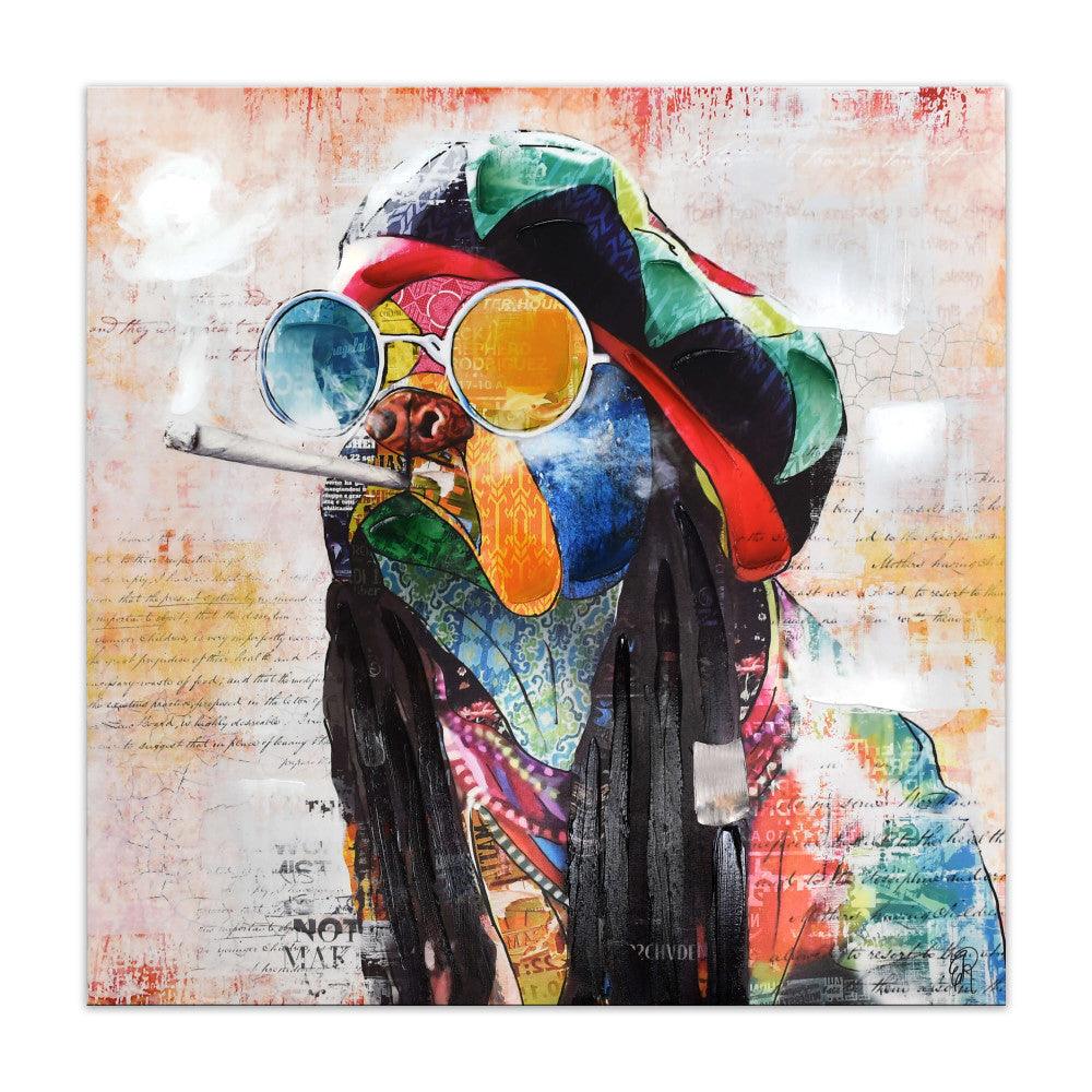 Dreadlock Französische Bulldogge – Moderner Pop Art Druck auf handretuschierter Leinwand mit einzigartigen Reliefdekorationen. Das Bild zeigt eine bunte Bulldogge mit Sonnenbrille und Dreadlocks, die eine kreative, lebendige Atmosphäre vermittelt.