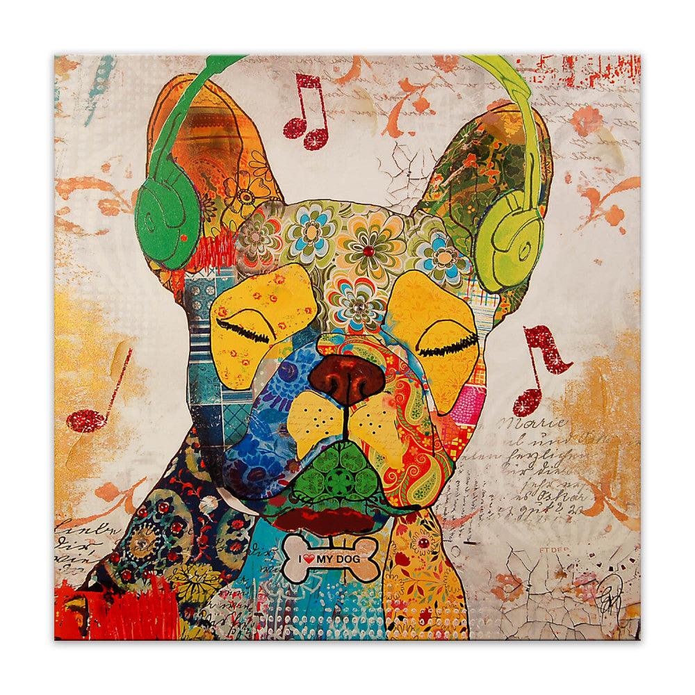 Französische Bulldogge im Pop-Art-Stil – Modernes Relief-Gemälde in Gelb (80x80 cm) mit einem bunten Design, Vintage-Kopfhörern und musikalischen Noten.