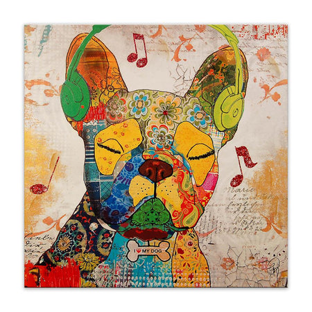 Französische Bulldogge im Pop-Art-Stil – Modernes Relief-Gemälde in Gelb (80x80 cm) mit einem bunten Design, Vintage-Kopfhörern und musikalischen Noten.