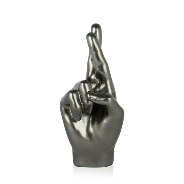 Gekreuzte Finger anthrazit. Moderne figurative Skulptur aus Harz, Metalleffekt - Designerobjekte.com