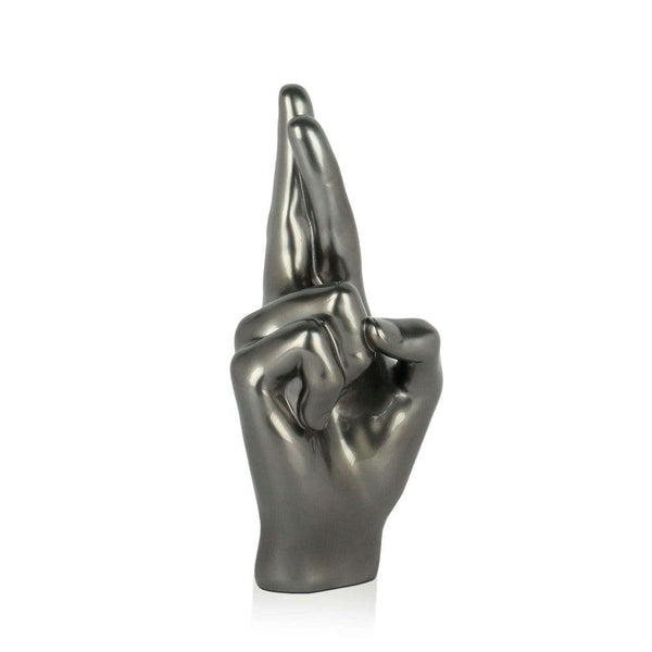 Gekreuzte Finger anthrazit. Moderne figurative Skulptur aus Harz, Metalleffekt - Designerobjekte.com