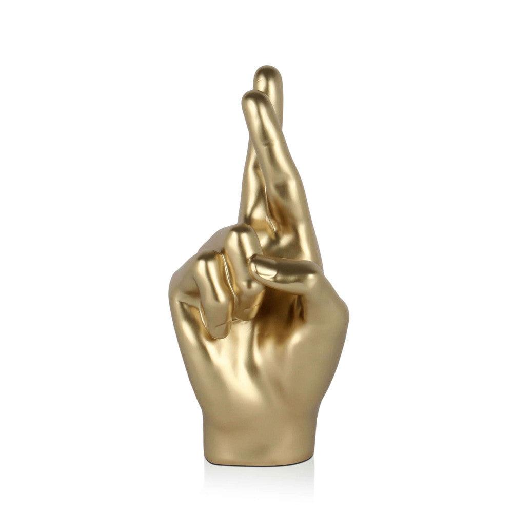 Gekreuzte Finger Skulptur in Gold - zeitgenössische Eleganz und ein Symbol für Hoffnung und Stil.
