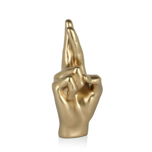 Gekreuzte Finger gold. Moderne figurative Skulptur aus Harz, Metalleffekt - Designerobjekte.com