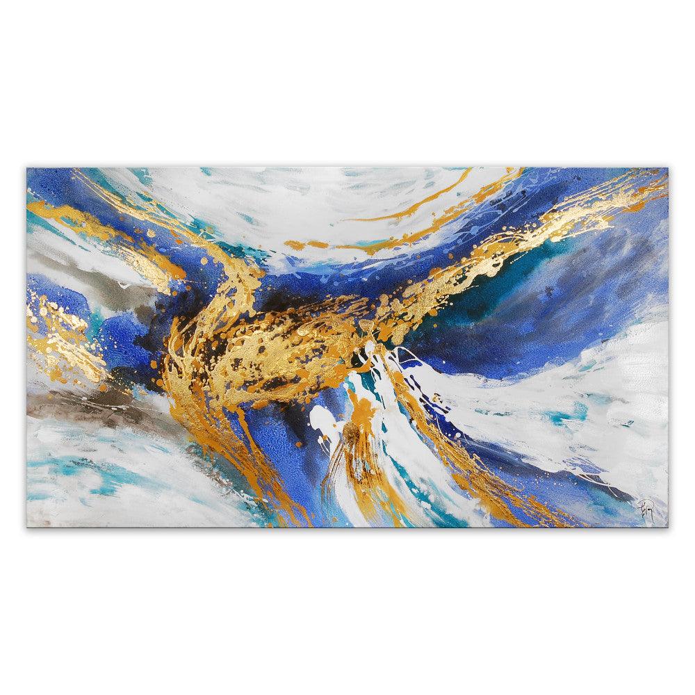 Abstraktes Meisterwerk in Gold- und Blautönen - Handgemalt, 85x110 cm. Das Gemälde zeigt dynamische Formen und lebendige Farben, die eine beeindruckende Tiefe und Energie ausstrahlen.
