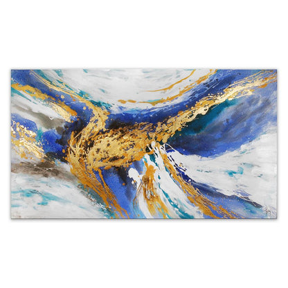 Abstraktes Meisterwerk in Gold- und Blautönen - Handgemalt, 85x110 cm. Das Gemälde zeigt dynamische Formen und lebendige Farben, die eine beeindruckende Tiefe und Energie ausstrahlen.