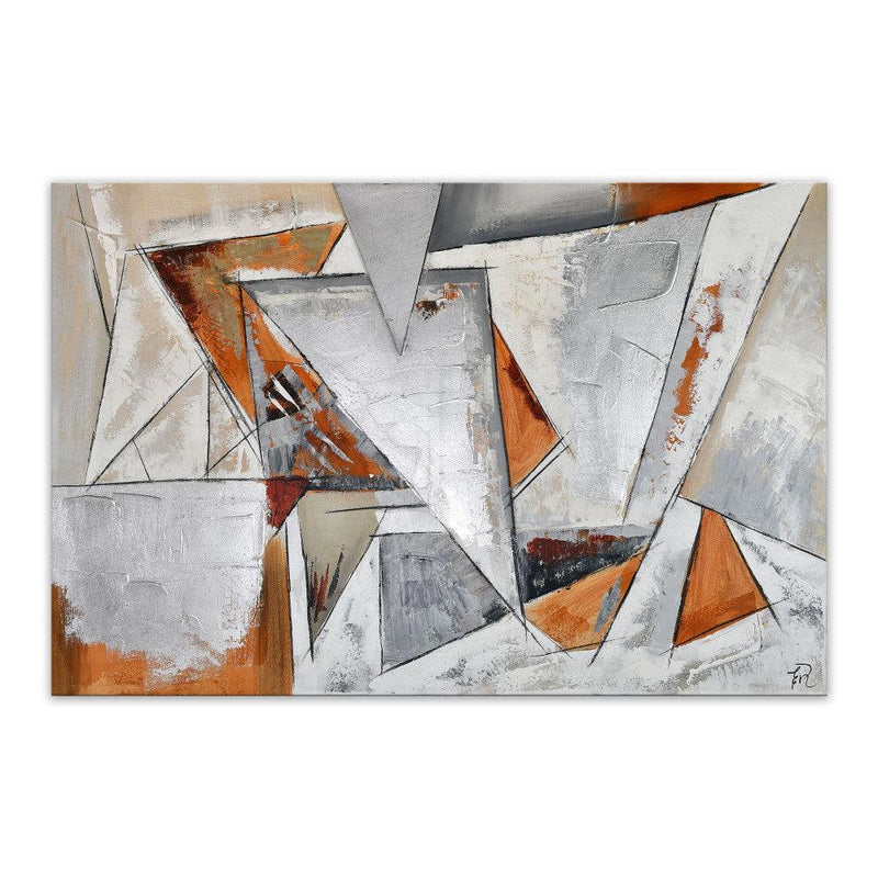 Gemälde Dreiecke in Grau - und Goldtönen. Handgemalt auf Leinwand mit metallischen Inserts und Dekorationen 80 x 120 cm - Designerobjekte.com