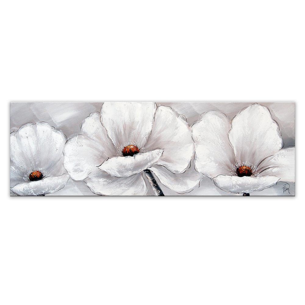 Elegante Orchideenblüten auf grauem Hintergrund - Handgemaltes Kunstwerk auf Leinwand, zeigt drei weiße Orchideen mit beeindruckender Detailgenauigkeit.