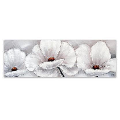 Elegante Orchideenblüten auf grauem Hintergrund - Handgemaltes Kunstwerk auf Leinwand, zeigt drei weiße Orchideen mit beeindruckender Detailgenauigkeit.