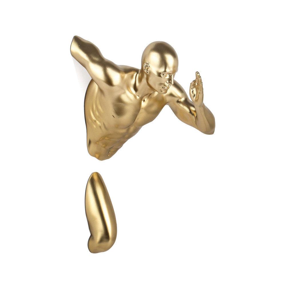 Goldener Läufer – Moderne Wandskulptur aus Metalleffekt-Harz, die einen muskulösen männlichen Läufer in goldener Farbe darstellt, ideal für die Wandmontage und zur Verschönerung von Wohnräumen.