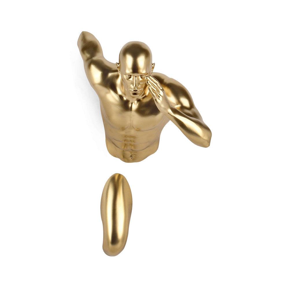 Goldener Läufer – Moderne Wandskulptur aus Metalleffekt-Harz, die einen birnenförmigen menschlichen Körper in goldenen Tönen zeigt, ideal für Wanddekoration.