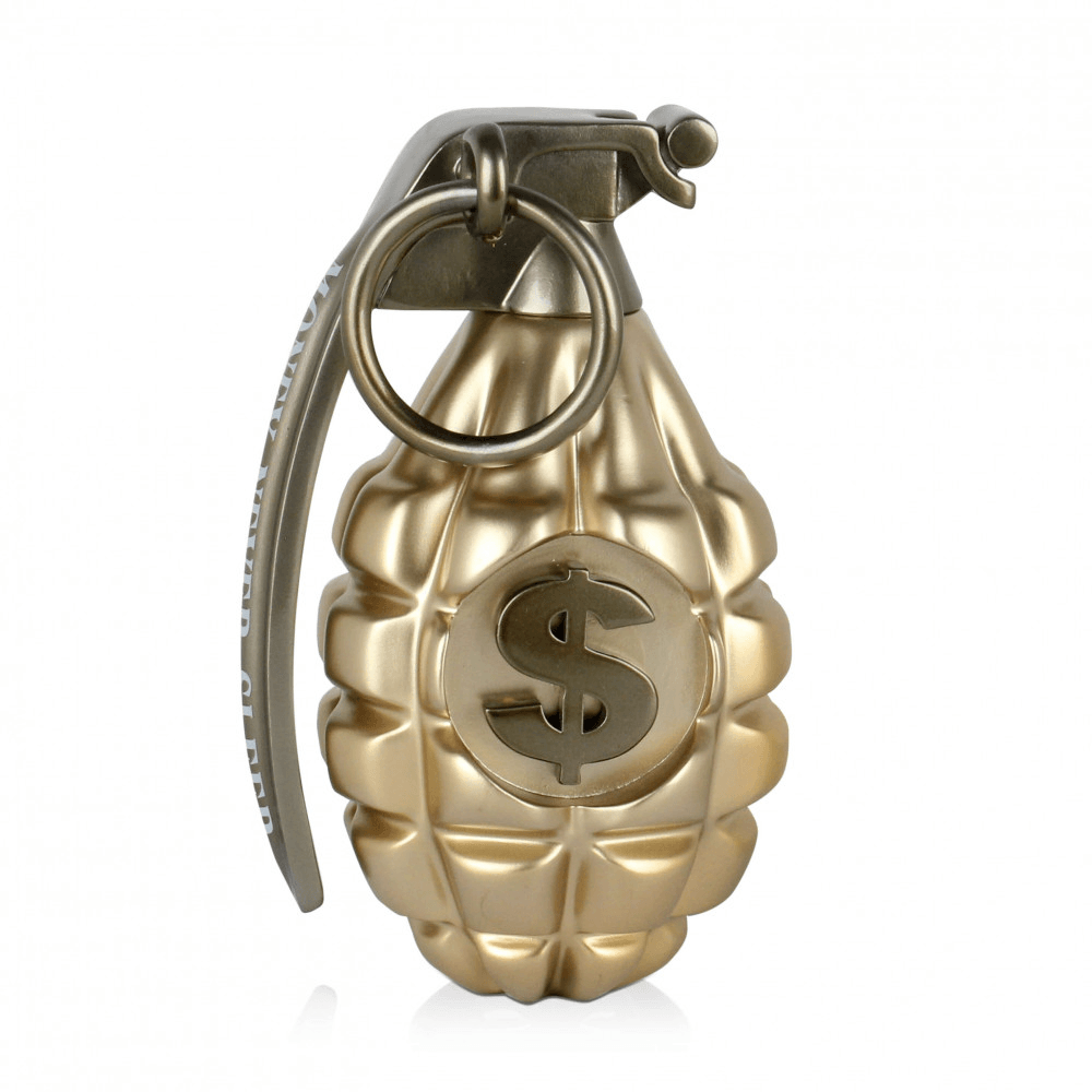Skulptur Money Never Sleeps in Form einer goldenen Granate mit Dollarzeichen, aus lackiertem Harz, Teil der Pop Art Kollektion von ADM.