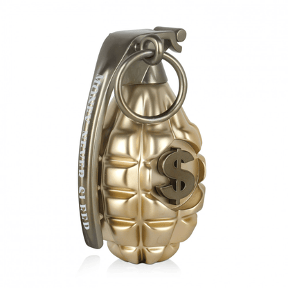 Erleben Sie die Welt der Pop Art mit der Skulptur Money Never Sleeps, die in Form einer goldenen Handgranate designed ist und das Symbol für Geld zeigt.
