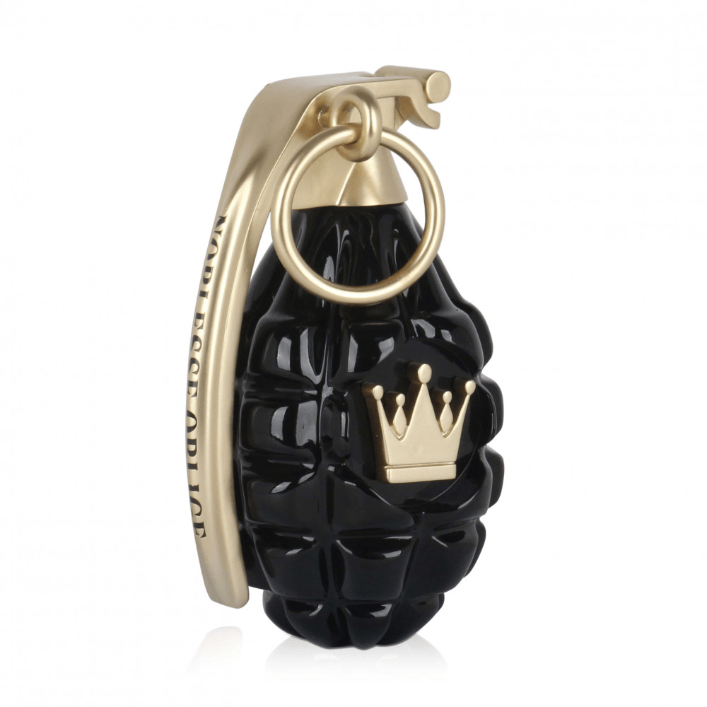 Skulptur Noblesse Oblige aus lackiertem Harz, gestaltet wie eine Granate in Schwarz und Gold, zur Kunstsammlung der Pop Art.