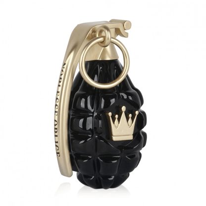 Skulptur Noblesse Oblige aus lackiertem Harz, gestaltet wie eine Granate in Schwarz und Gold, zur Kunstsammlung der Pop Art.