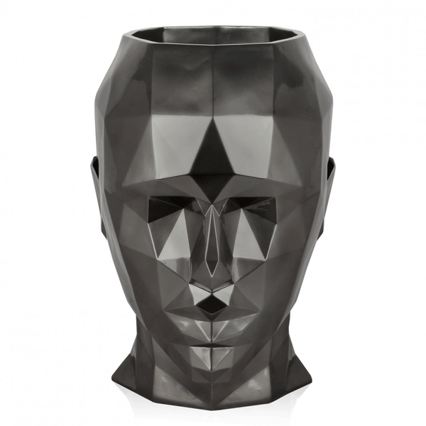 Große Vase Facettierter Frauenkopf. Moderne figurative Vase aus Fiberglas und Metalleffekt Finish - Designerobjekte.com