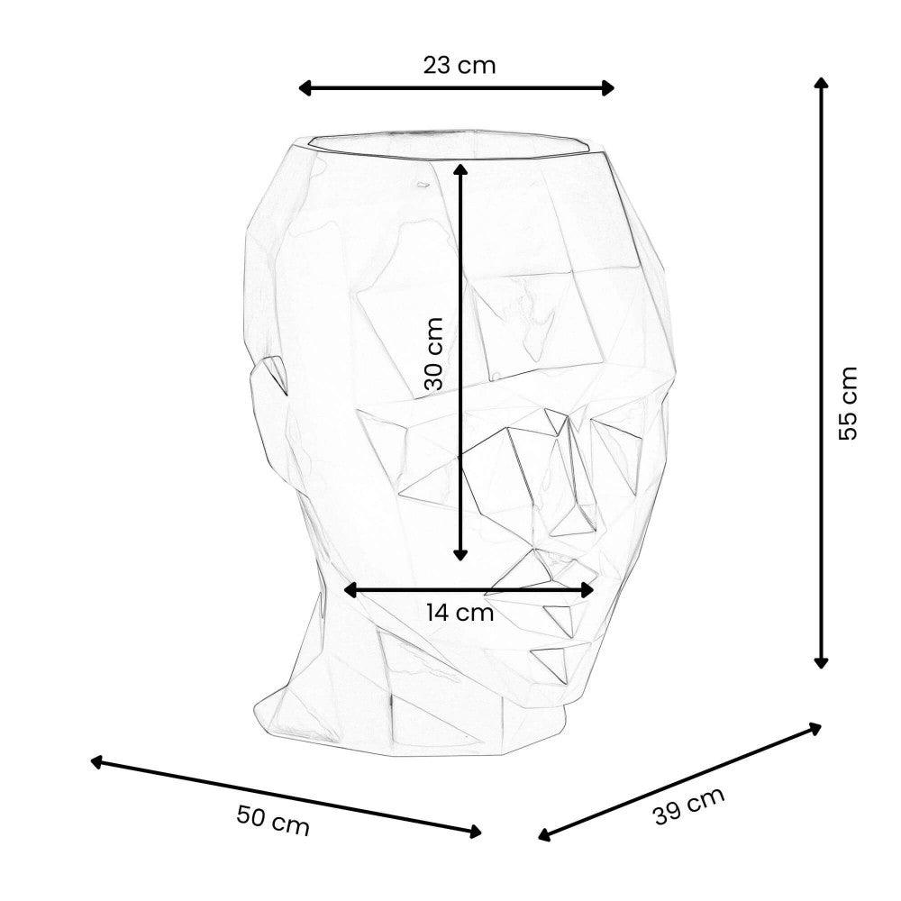 Facettierte Frauenkopf-Vase im modernen Low Poly Design aus hochwertigem Fiberglas, maßgeschneiderte Abmessungen für florale Arrangements, inklusive detaillierter Skizze zur Größenübersicht.