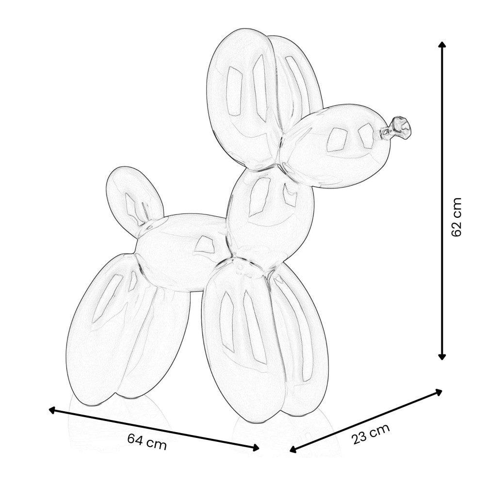 Maßzeichnung der exquisite Rubinrote Balloon-Hund Skulptur aus Kunstharz mit den Abmessungen 62 x 64 x 23 cm, dargestellt in einer klaren, transparenten Ansicht, die die Details und Konturen des Designs hervorhebt.