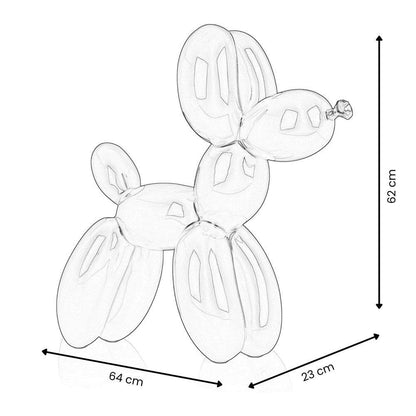 Maßzeichnung der exquisite Rubinrote Balloon-Hund Skulptur aus Kunstharz mit den Abmessungen 62 x 64 x 23 cm, dargestellt in einer klaren, transparenten Ansicht, die die Details und Konturen des Designs hervorhebt.
