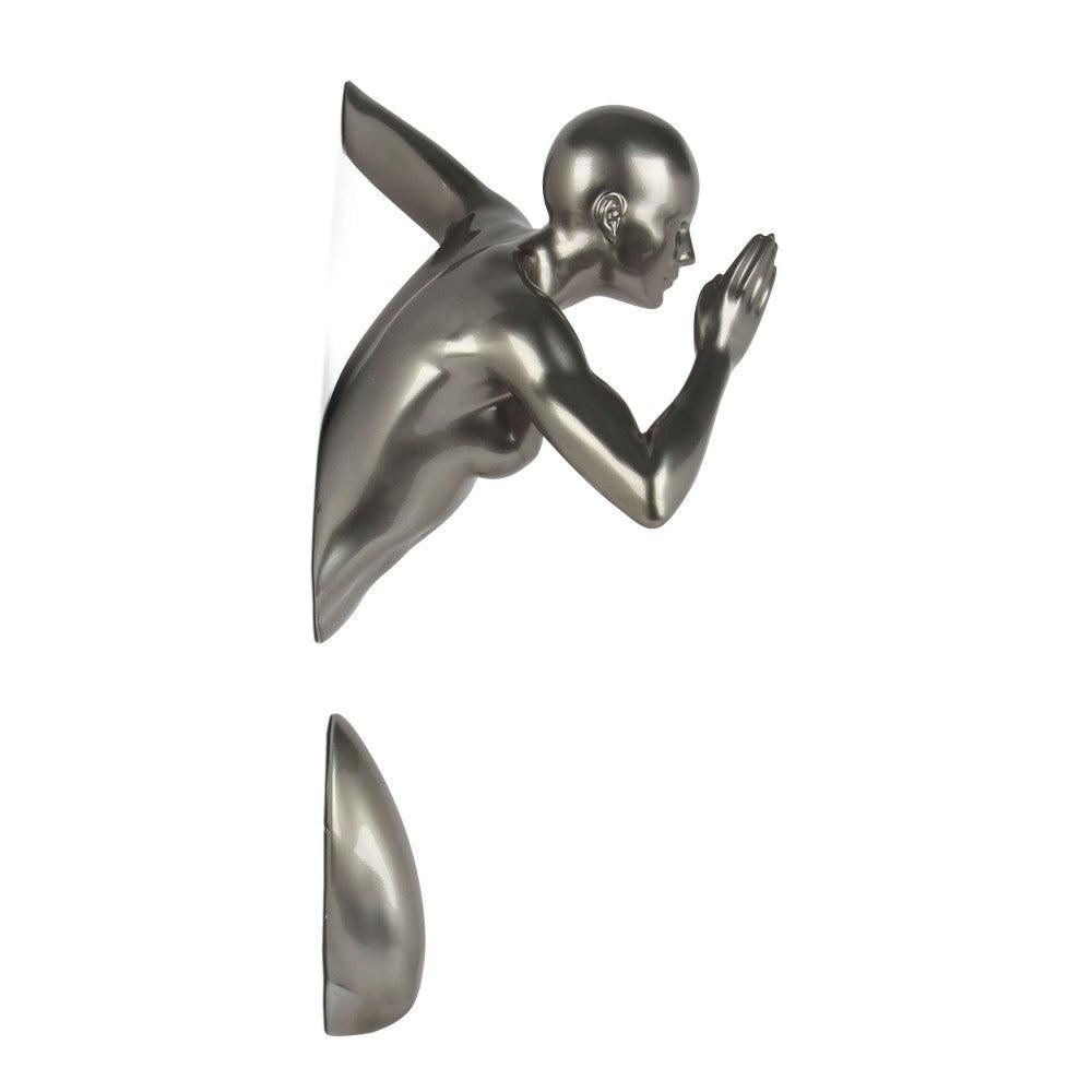Große Läuferin Skulptur in Anthrazit – Seitliche Ansicht der beeindruckenden Wanddekoration aus Metalleffekt-Harz, die stilvolle Eleganz verkörpert.