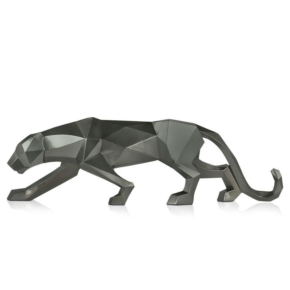 Große facettierte Panther-Skulptur in Anthrazitmetallic aus Kunstharz, seitliche Ansicht, präsentiert die dynamische und moderne Gestaltung.