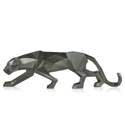 Große facettierte Panther-Skulptur in Anthrazitmetallic aus Kunstharz, seitliche Ansicht, präsentiert die dynamische und moderne Gestaltung.
