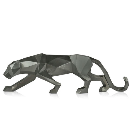Große facettierte Panther-Skulptur in Anthrazitmetallic aus Kunstharz, seitliche Ansicht, präsentiert die dynamische und moderne Gestaltung.