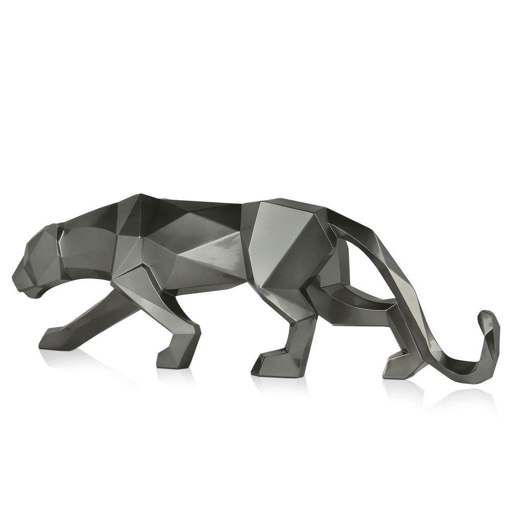 Große facettierte Panther-Skulptur in Anthrazitmetallic aus Kunstharz, Ansicht von vorne, zeigt die elegante Form und den stilvollen Metalleffekt.