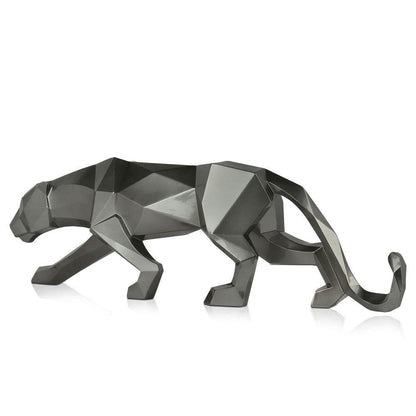 Große facettierte Panther-Skulptur in Anthrazitmetallic aus Kunstharz, Ansicht von vorne, zeigt die elegante Form und den stilvollen Metalleffekt.