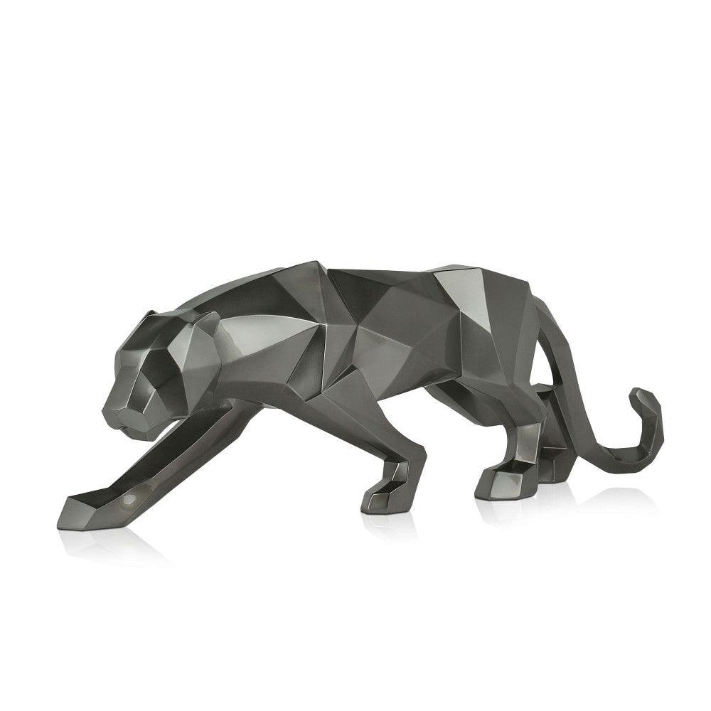 Große facettierte Panther-Skulptur in Anthrazitmetallic aus Kunstharz, seitliche Ansicht, unterstreicht die majestätische Ausstrahlung und das einzigartige Design.