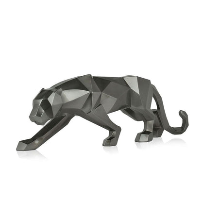 Große facettierte Panther-Skulptur in Anthrazitmetallic aus Kunstharz, seitliche Ansicht, unterstreicht die majestätische Ausstrahlung und das einzigartige Design.