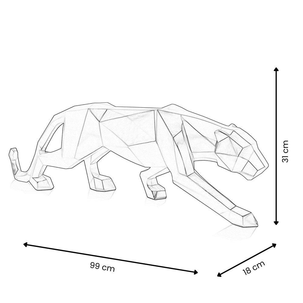 Maßangaben zur großen facettierten Panther-Skulptur in Anthrazitmetallic aus Kunstharz, einschließlich Höhe von 31 cm, Länge von 99 cm und Tiefe von 18 cm.