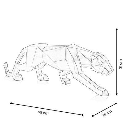Maßangaben zur großen facettierten Panther-Skulptur in Anthrazitmetallic aus Kunstharz, einschließlich Höhe von 31 cm, Länge von 99 cm und Tiefe von 18 cm.