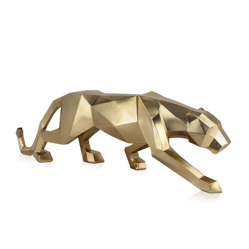 Großer Panther in gold. Facettierte moderne Skulptur aus Harz, Metalleffekt. 31 x 99 x 18 cm - Designerobjekte.com