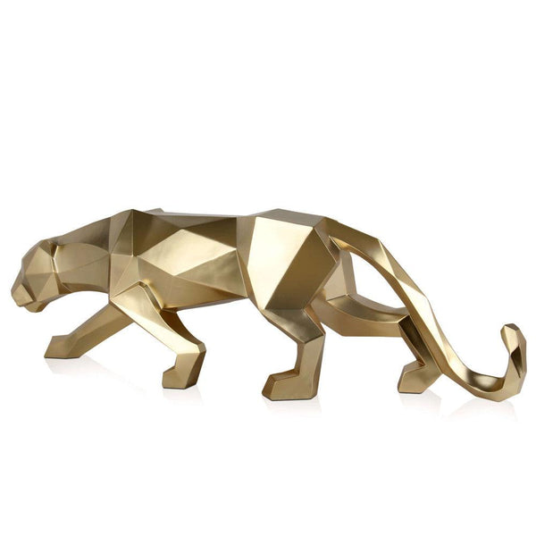 Großer Panther in gold. Facettierte moderne Skulptur aus Harz, Metalleffekt. 31 x 99 x 18 cm - Designerobjekte.com