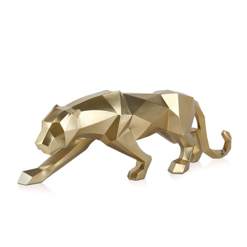 Großer Panther in gold. Facettierte moderne Skulptur aus Harz, Metalleffekt. 31 x 99 x 18 cm - Designerobjekte.com