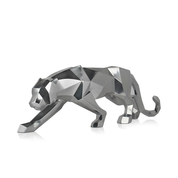 Großer Panther Spiegeleffekt. 31 x 99 x 18 cm. Facettierte moderne Kunstharzskulptur. - Designerobjekte.com