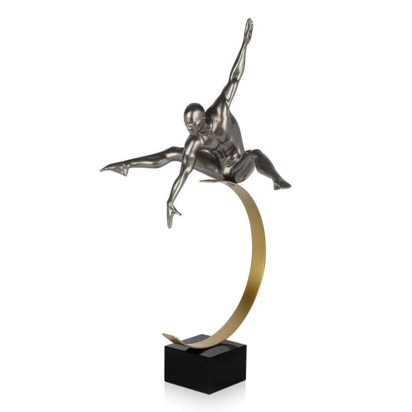 Hohe Energie anthrazit. Moderne figurative Skulptur aus Harz, Metalleffekt mit Marmorsockel - Designerobjekte.com