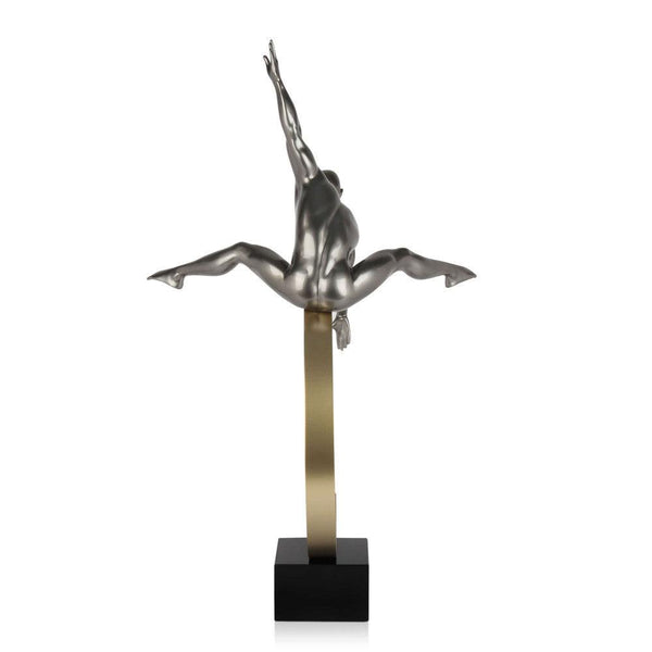 Hohe Energie anthrazit. Moderne figurative Skulptur aus Harz, Metalleffekt mit Marmorsockel - Designerobjekte.com