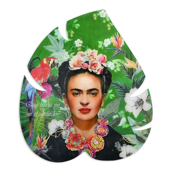 Hommage an Frida Khalo grün. Von Hand dekoriertes Bild auf einer geformten und reich verzierten Acrylplatte - Designerobjekte.com