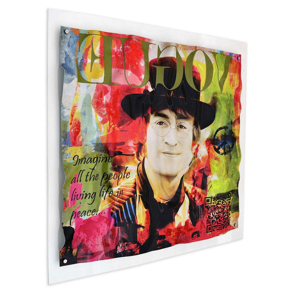 Hommage an John Lennon. Von Hand verziertes Bild auf einer deformierten Acrylplatte mit Montage auf einer transparenten Plexiglasglatte - Designerobjekte.com