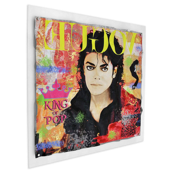 Hommage an Michael Jackson. Von Hand verziertes Bild auf einer deformierten Acrylplatte mit Montage auf einer transparenten Plexiglasglatte. 80x84 cm. - Designerobjekte.com