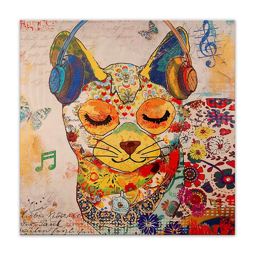 Katz Pop Art Gemälde – Modernes Druckkunstwerk mit Reliefdekoration, 80x80 cm, zeigt eine entspannte Katze mit Vintage-Kopfhörern und farbenfrohem Design.