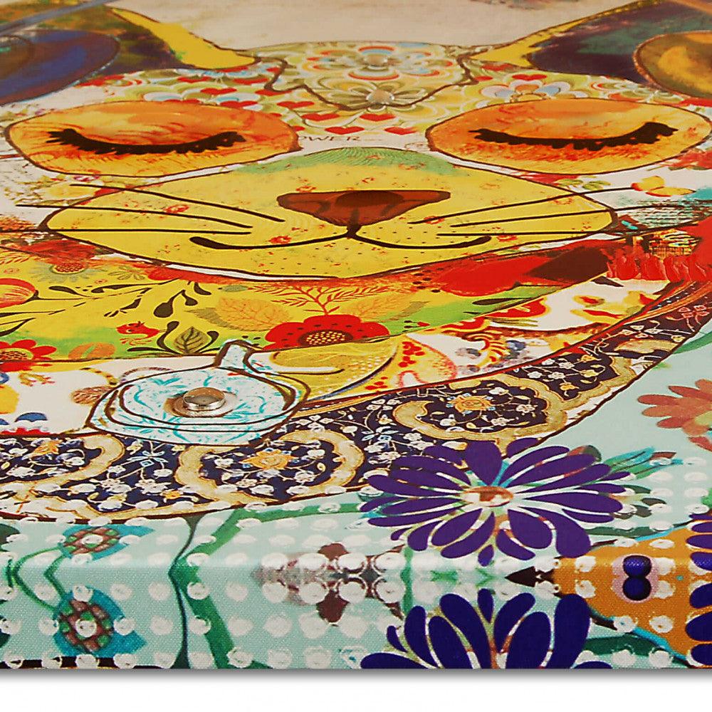 Detailansicht des Katz Pop Art Gemälde – Modernes Druckkunstwerk mit Reliefdekoration, 80x80 cm, mit intricatem Muster und glänzenden Verzierungen.