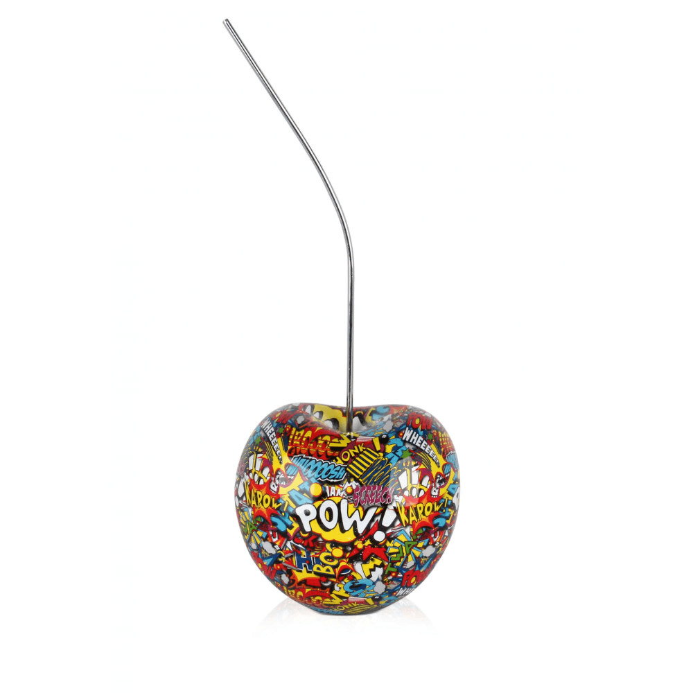 Designer Skulptur aus Kunstharz – Pop Art Meisterwerk in lebendigen Farben, dargestellt in Form eines Apfels mit bunten Comic-Motiven und einem Metallstrohhalm.