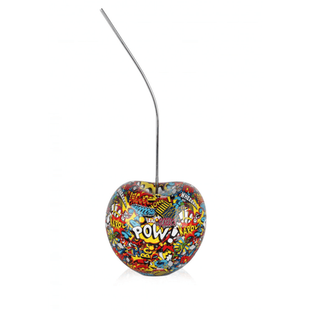 Designer Skulptur aus Kunstharz – Pop Art Meisterwerk in lebendigen Farben, dargestellt in Form eines Apfels mit bunten Comic-Motiven und einem Metallstrohhalm.