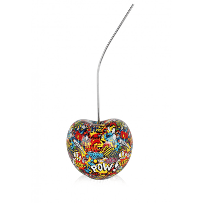 Designer Skulptur aus Kunstharz – Pop Art Meisterwerk in lebendigen Farben, abgebildet als stilisierte Apfel-Form mit buntem Comic-Design und einem langen Trinkhalm.