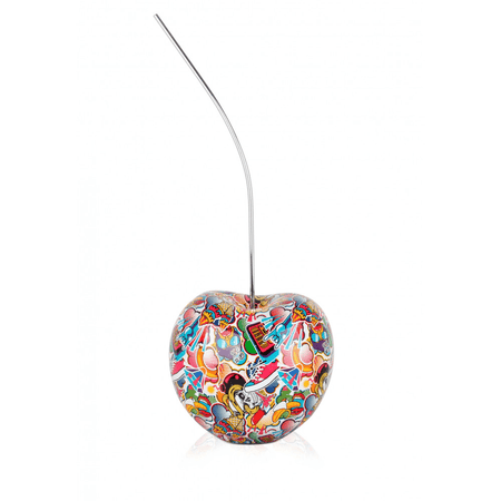 Designer Skulptur aus Kunstharz – Pop Art Meisterwerk in lebendigen Farben, dargestellt als farbenfroher Apfel mit kunstvollem, comic-inspirierten Design und Trinkhalm.